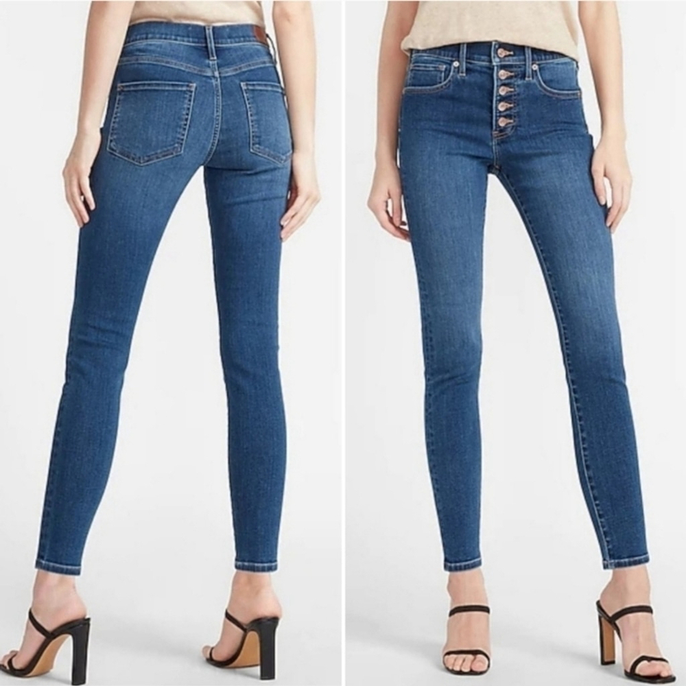 Express 2 Ankle Legging High Rise Exposed Button Fly Skinny Medium Wash Jeans
